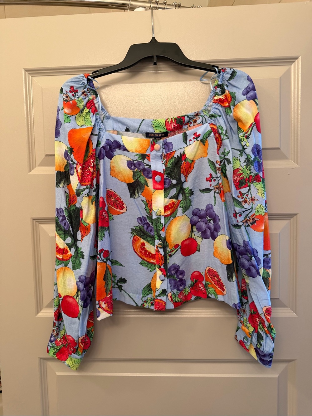 Skies Are Blue Light Blue Fruit-Print Square Neck Blouse